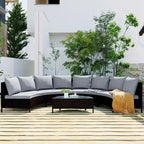 5-Piece All-Weather Brown PE Rattan Sectional Set  Half-Moon Outdoor Sofa with Tempered Glass Table for Patio & Garden