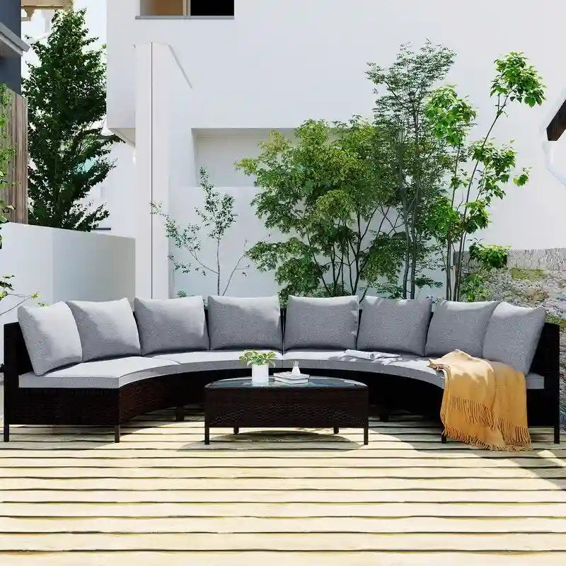 5-Piece All-Weather Brown PE Rattan Sectional Set  Half-Moon Outdoor Sofa with Tempered Glass Table for Patio & Garden