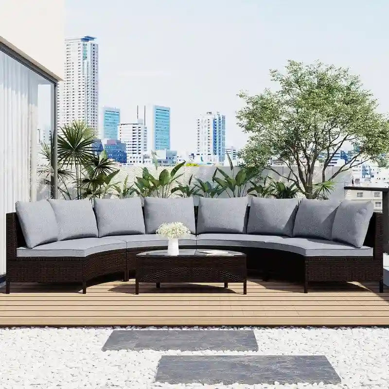 5-Piece All-Weather Brown PE Rattan Sectional Set  Half-Moon Outdoor Sofa with Tempered Glass Table for Patio & Garden
