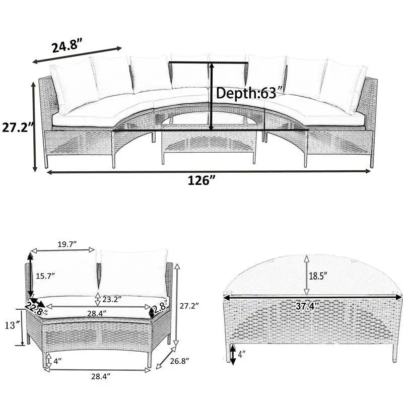 5-Piece All-Weather Brown PE Rattan Sectional Set  Half-Moon Outdoor Sofa with Tempered Glass Table for Patio & Garden