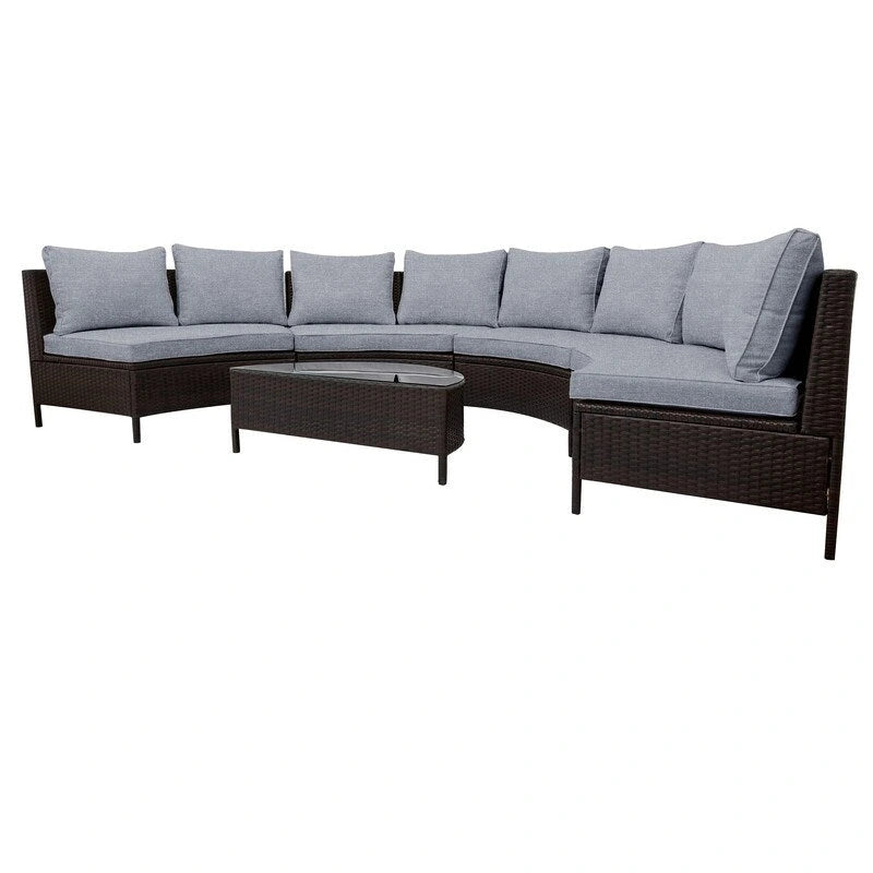 5-Piece All-Weather Brown PE Rattan Sectional Set  Half-Moon Outdoor Sofa with Tempered Glass Table for Patio & Garden