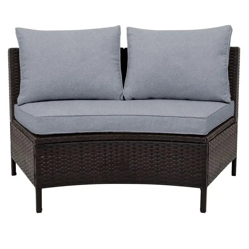 5-Piece All-Weather Brown PE Rattan Sectional Set  Half-Moon Outdoor Sofa with Tempered Glass Table for Patio & Garden