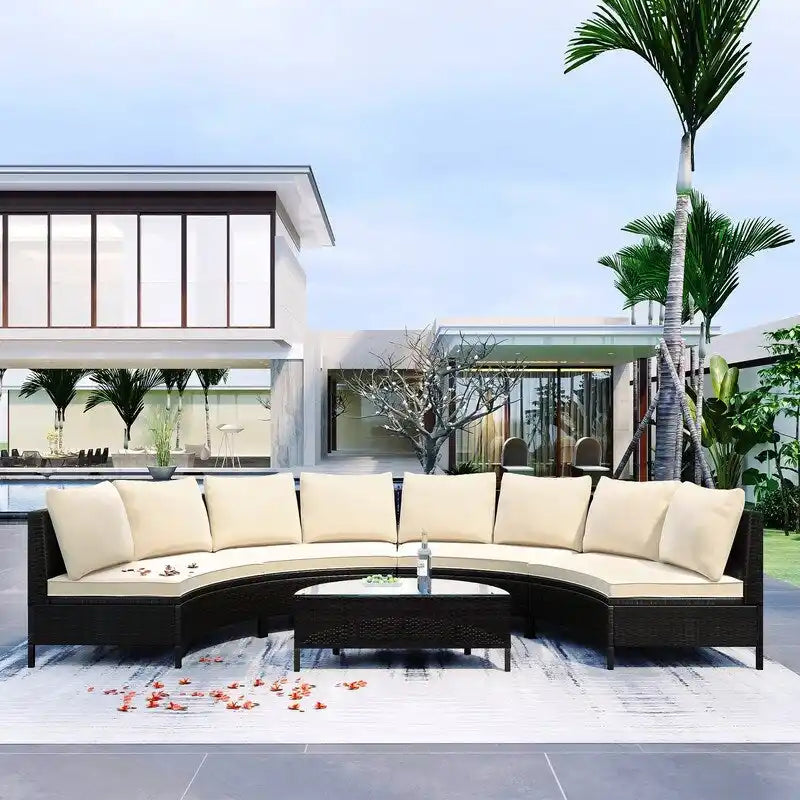 5-Piece All-Weather Brown PE Rattan Sectional Set  Half-Moon Outdoor Sofa with Tempered Glass Table for Patio & Garden
