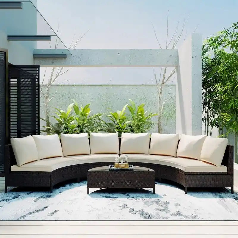 5-Piece All-Weather Brown PE Rattan Sectional Set  Half-Moon Outdoor Sofa with Tempered Glass Table for Patio & Garden