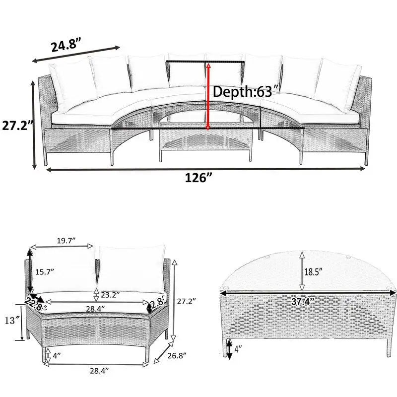 5-Piece All-Weather Brown PE Rattan Sectional Set  Half-Moon Outdoor Sofa with Tempered Glass Table for Patio & Garden