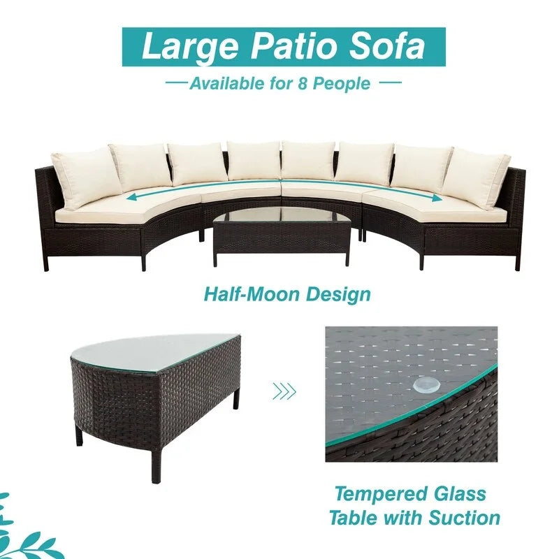5-Piece All-Weather Brown PE Rattan Sectional Set  Half-Moon Outdoor Sofa with Tempered Glass Table for Patio & Garden