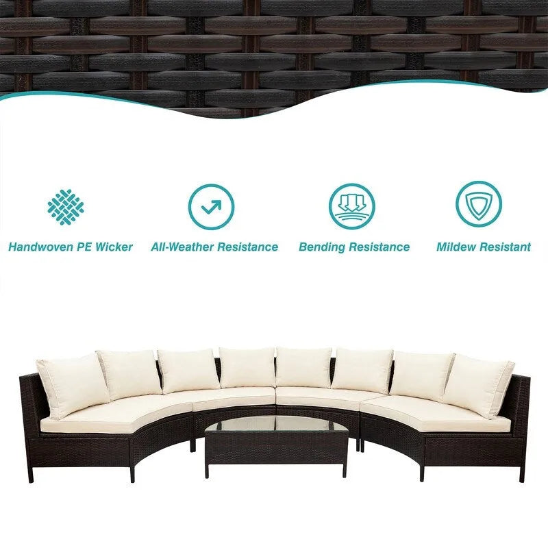 5-Piece All-Weather Brown PE Rattan Sectional Set  Half-Moon Outdoor Sofa with Tempered Glass Table for Patio & Garden