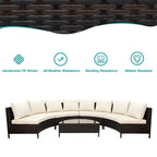 5-Piece All-Weather Brown PE Rattan Sectional Set  Half-Moon Outdoor Sofa with Tempered Glass Table for Patio & Garden