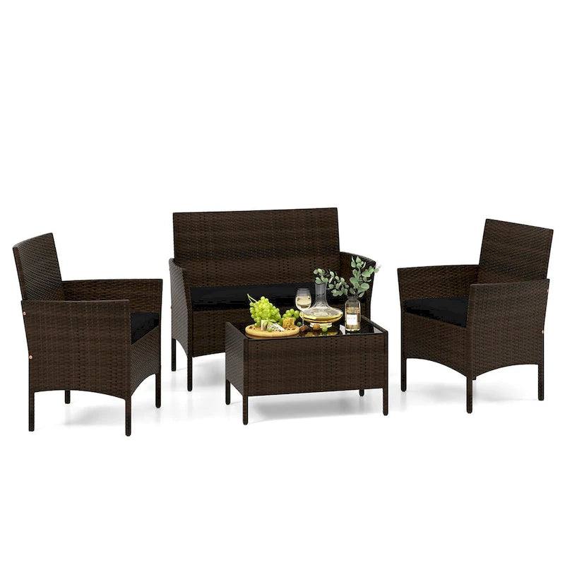 Gymax 4 Piece Patio Rattan Conversation Set Outdoor Wicker Furniture