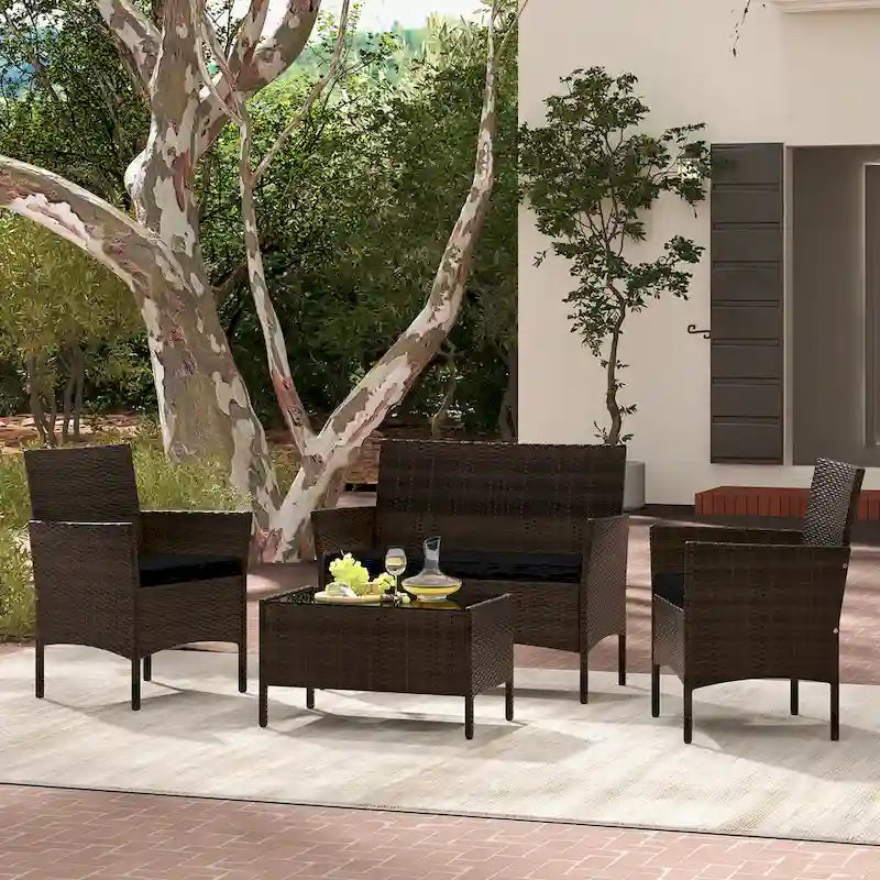Gymax 4 Piece Patio Rattan Conversation Set Outdoor Wicker Furniture