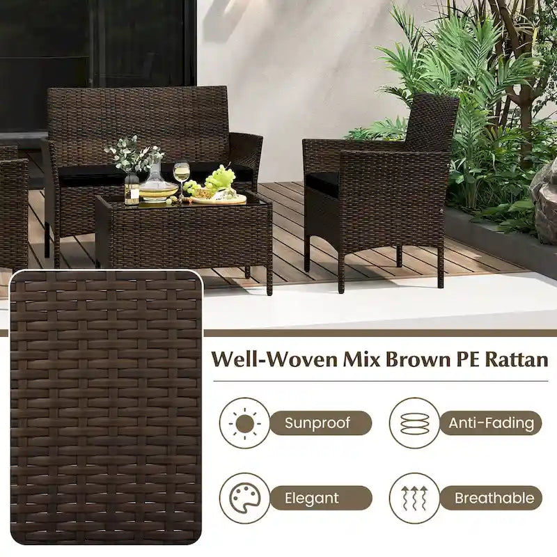 Gymax 4 Piece Patio Rattan Conversation Set Outdoor Wicker Furniture