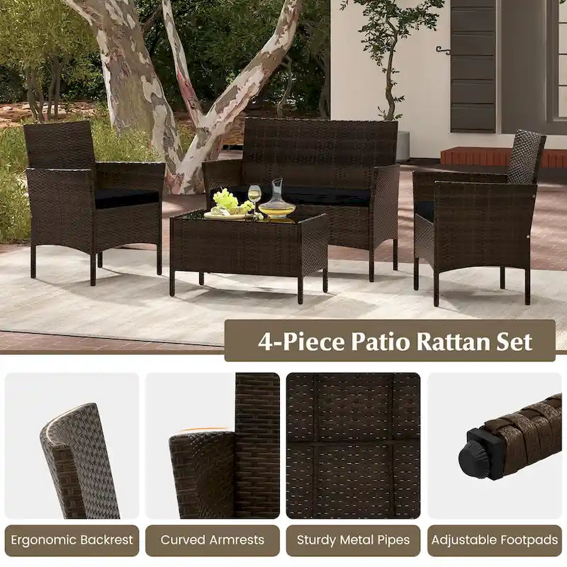 Gymax 4 Piece Patio Rattan Conversation Set Outdoor Wicker Furniture