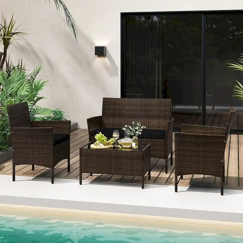 Gymax 4 Piece Patio Rattan Conversation Set Outdoor Wicker Furniture