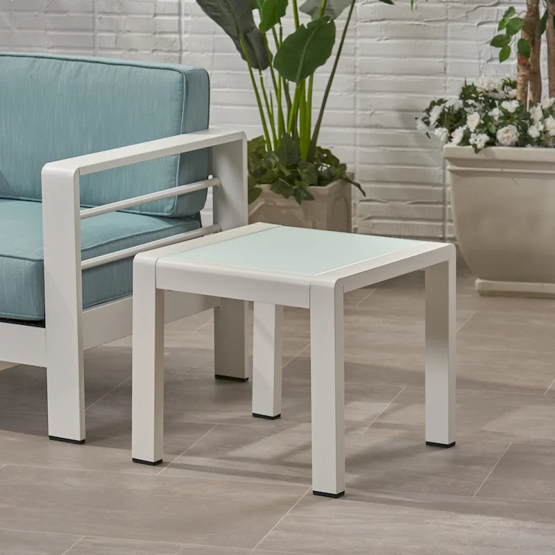 Pool Coffee Table Square Accent Table Outdoor Side Table Aluminum Frame Sofa Tabl with Frosted Tempered Glass Top