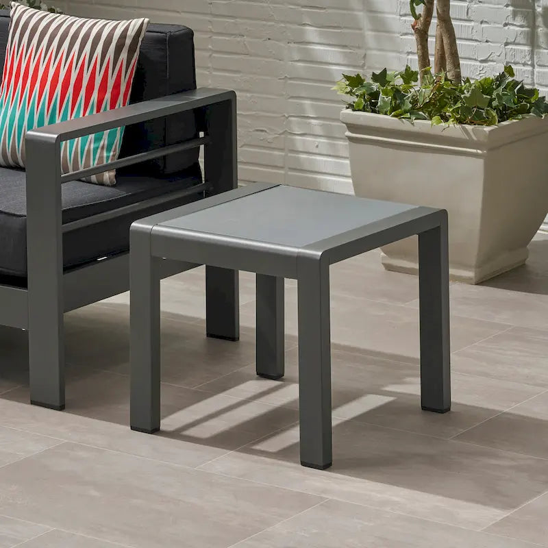 Pool Coffee Table Square Accent Table Outdoor Side Table Aluminum Frame Sofa Tabl with Frosted Tempered Glass Top