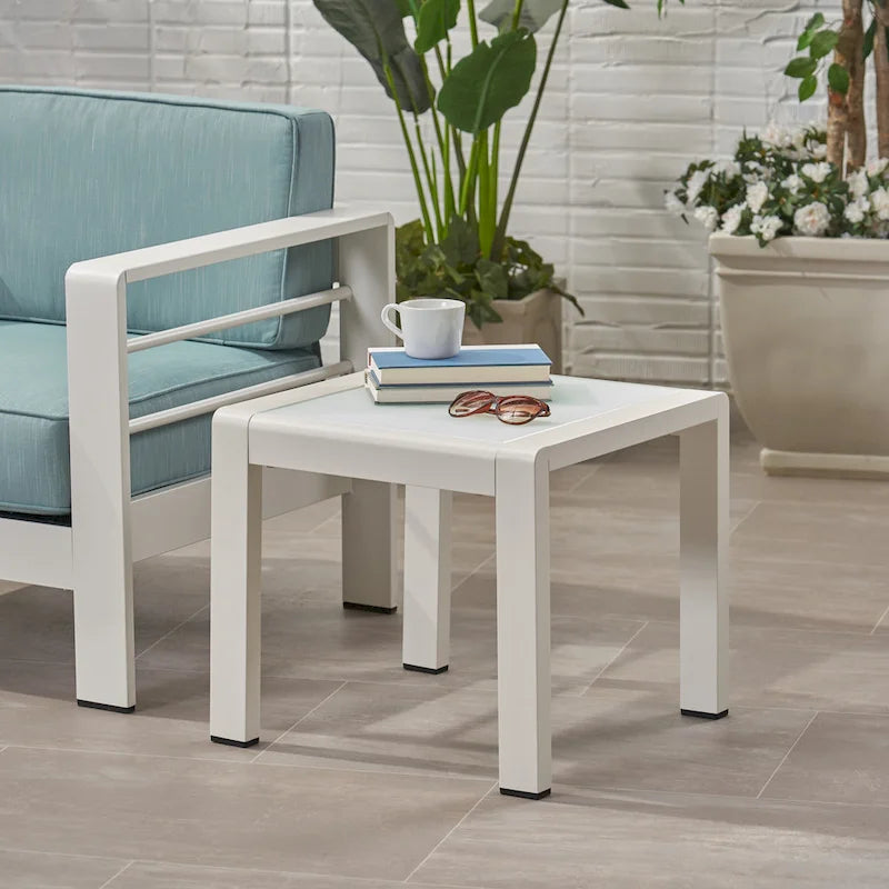 Pool Coffee Table Square Accent Table Outdoor Side Table Aluminum Frame Sofa Tabl with Frosted Tempered Glass Top
