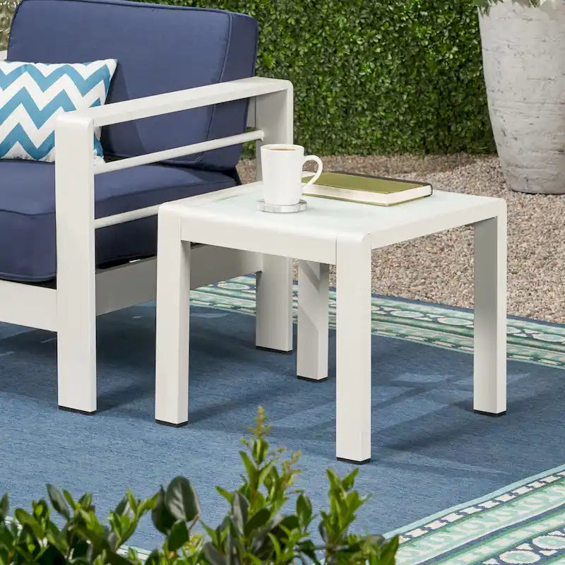 Pool Coffee Table Square Accent Table Outdoor Side Table Aluminum Frame Sofa Tabl with Frosted Tempered Glass Top