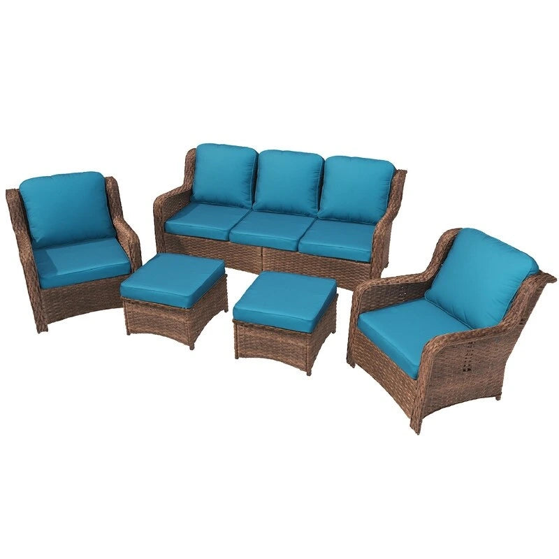 5-piece Patio Furniture High Back Conversation Set with Peacock Blue Cushions