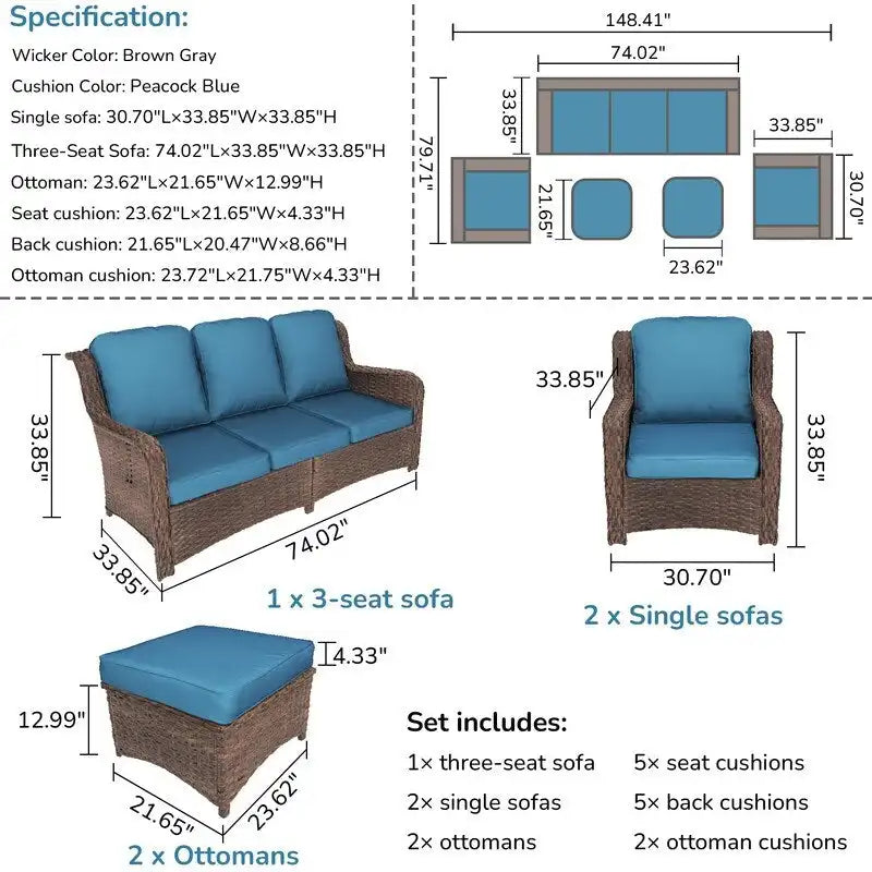 5-piece Patio Furniture High Back Conversation Set with Peacock Blue Cushions