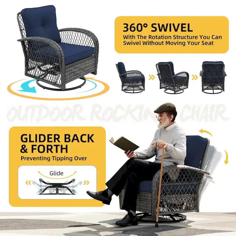 UPHA Wicker Outdoor Rocking & Swivel Chair 2-Piece Set with Cushions