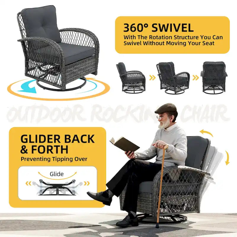 UPHA Wicker Outdoor Rocking & Swivel Chair 2-Piece Set with Cushions