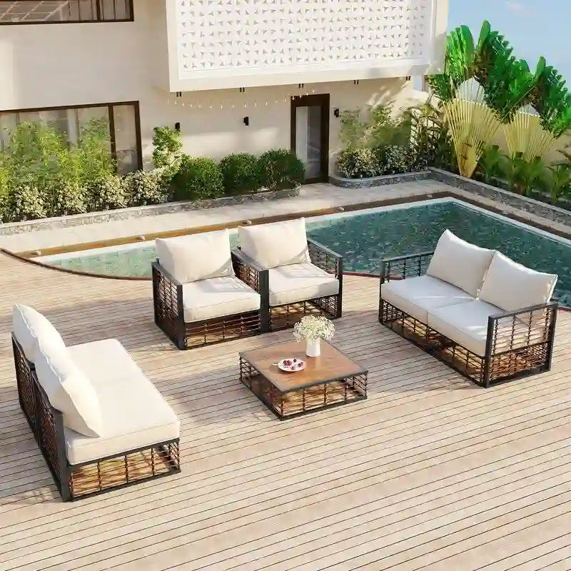 Contemporary 7-Piece Metal Outdoor Sectional Set  All-Weather Patio Furniture With Plush Cushions & Coffee Table.