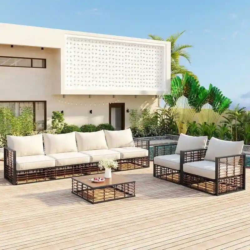 Contemporary 7-Piece Metal Outdoor Sectional Set  All-Weather Patio Furniture With Plush Cushions & Coffee Table.