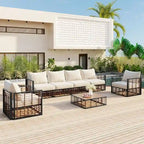 Contemporary 7-Piece Metal Outdoor Sectional Set  All-Weather Patio Furniture With Plush Cushions & Coffee Table.