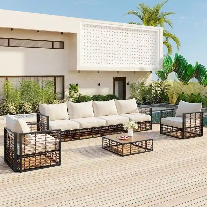 Contemporary 7-Piece Metal Outdoor Sectional Set  All-Weather Patio Furniture With Plush Cushions & Coffee Table.