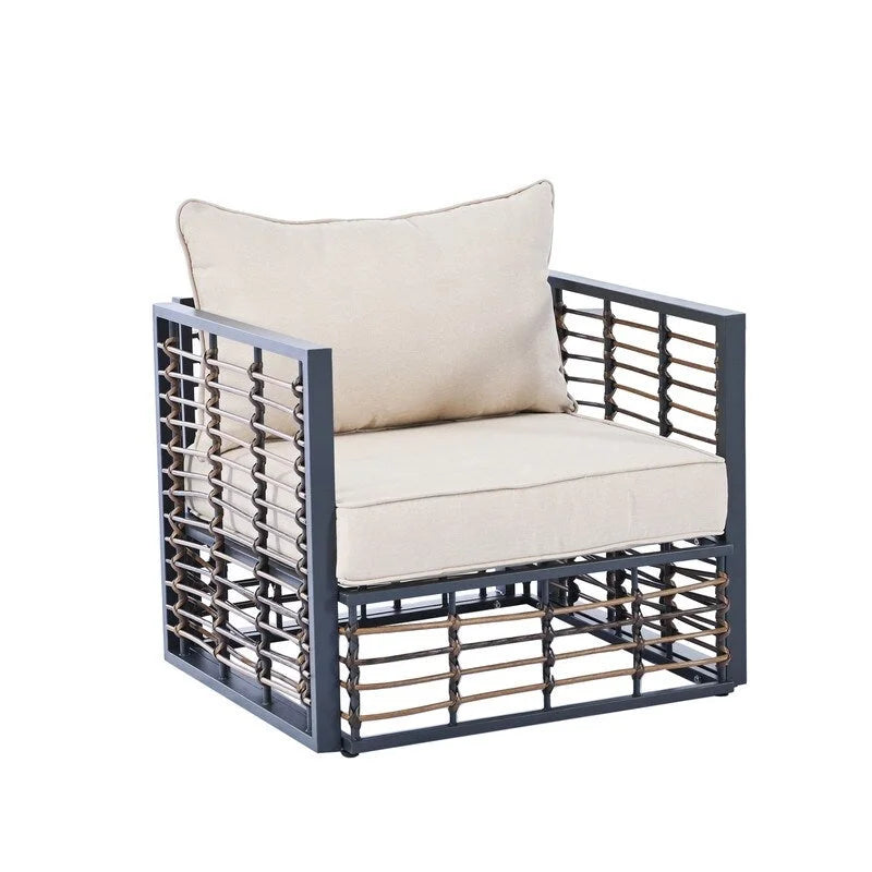Contemporary 7-Piece Metal Outdoor Sectional Set  All-Weather Patio Furniture With Plush Cushions & Coffee Table.