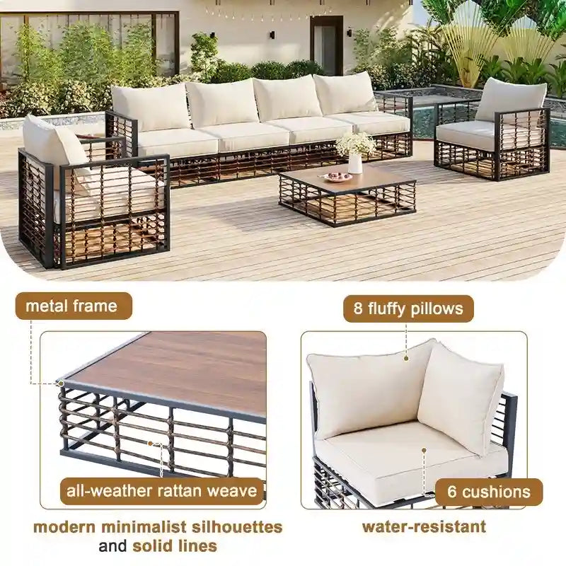 Contemporary 7-Piece Metal Outdoor Sectional Set  All-Weather Patio Furniture With Plush Cushions & Coffee Table.