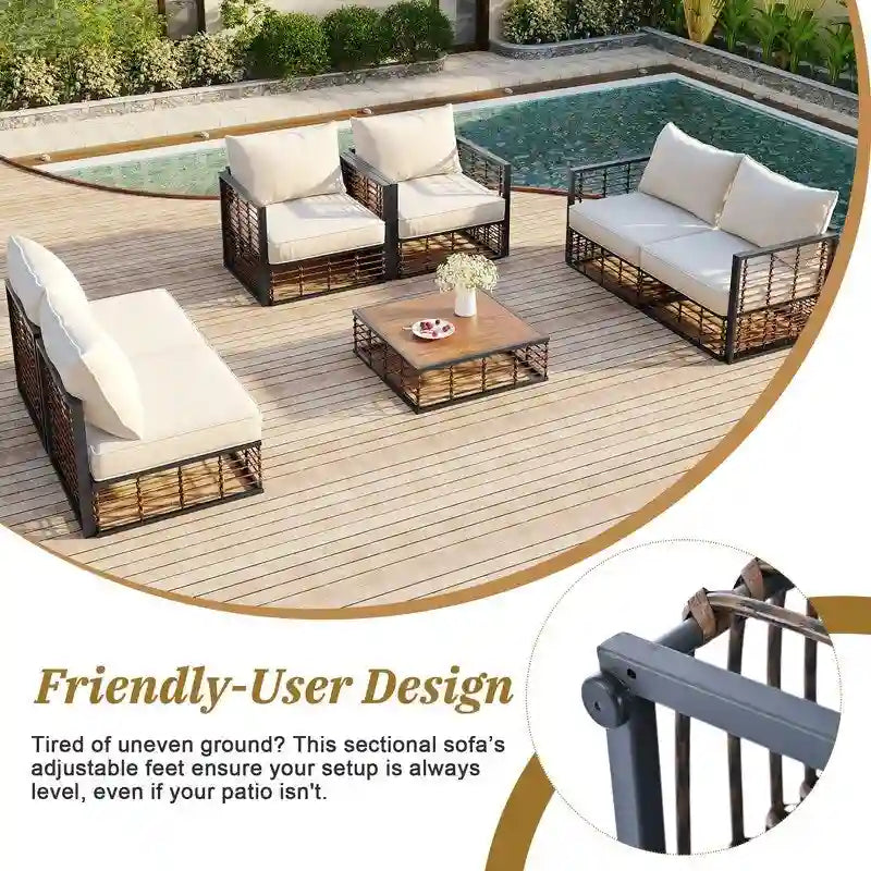 Contemporary 7-Piece Metal Outdoor Sectional Set  All-Weather Patio Furniture With Plush Cushions & Coffee Table.