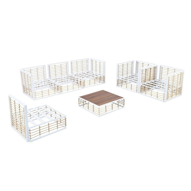Contemporary 7-Piece Metal Outdoor Sectional Set  All-Weather Patio Furniture With Plush Cushions & Coffee Table.