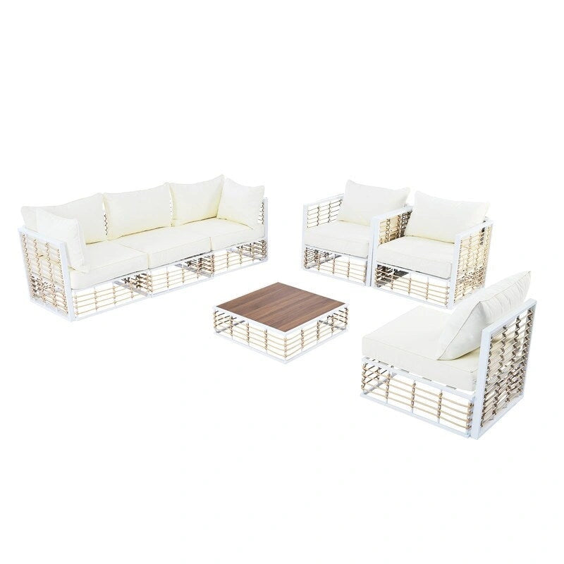 Contemporary 7-Piece Metal Outdoor Sectional Set  All-Weather Patio Furniture With Plush Cushions & Coffee Table.