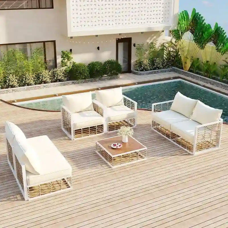 Contemporary 7-Piece Metal Outdoor Sectional Set  All-Weather Patio Furniture With Plush Cushions & Coffee Table.