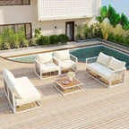 Contemporary 7-Piece Metal Outdoor Sectional Set  All-Weather Patio Furniture With Plush Cushions & Coffee Table.