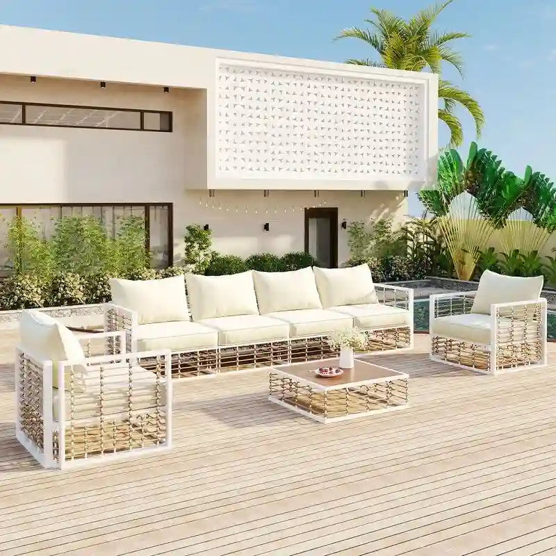 Contemporary 7-Piece Metal Outdoor Sectional Set  All-Weather Patio Furniture With Plush Cushions & Coffee Table.