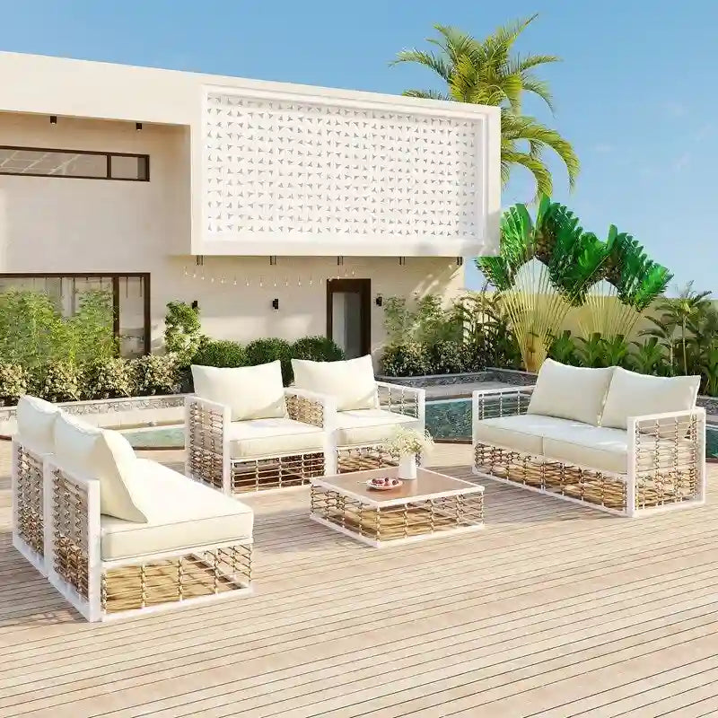 Contemporary 7-Piece Metal Outdoor Sectional Set  All-Weather Patio Furniture With Plush Cushions & Coffee Table.