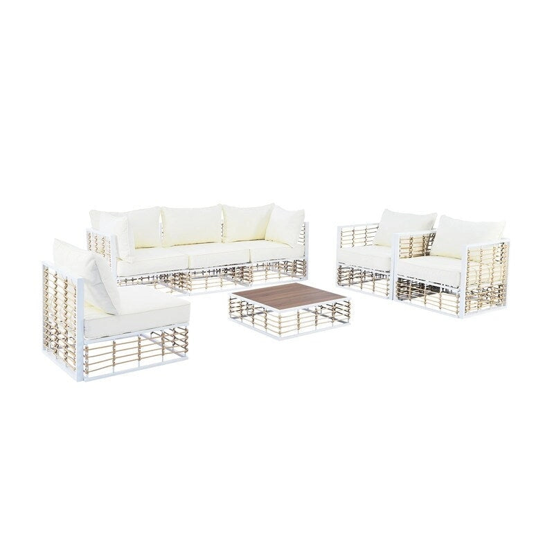 Contemporary 7-Piece Metal Outdoor Sectional Set  All-Weather Patio Furniture With Plush Cushions & Coffee Table.