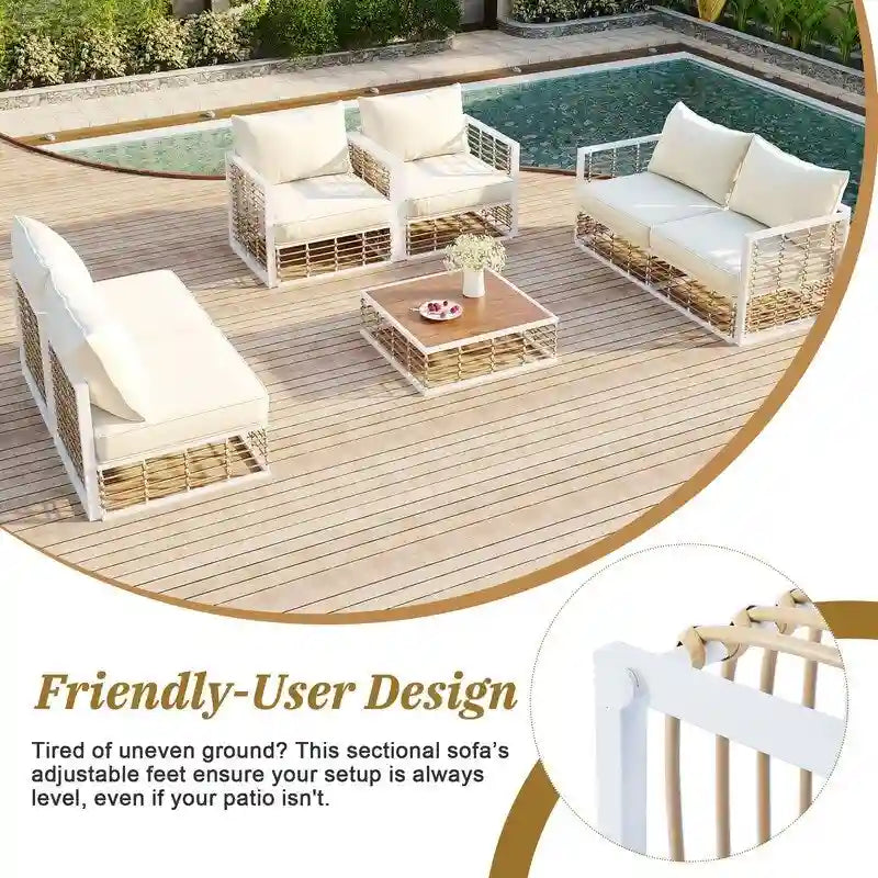 Contemporary 7-Piece Metal Outdoor Sectional Set  All-Weather Patio Furniture With Plush Cushions & Coffee Table.