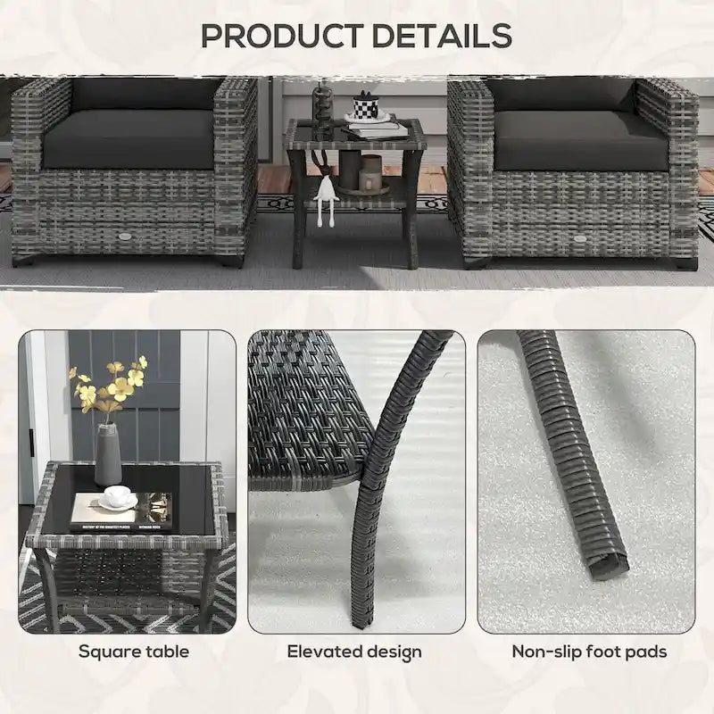 Rattan Side Table, Outdoor End Table with Storage Shelf, Aluminum Frame Square, Coffee Table with Tempered Glass Top, Mixed Gray