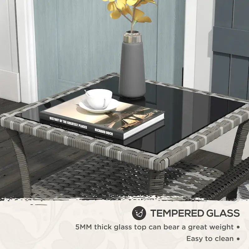 Rattan Side Table, Outdoor End Table with Storage Shelf, Aluminum Frame Square, Coffee Table with Tempered Glass Top, Mixed Gray