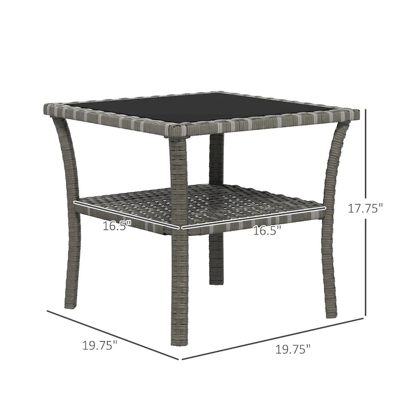 Rattan Side Table, Outdoor End Table with Storage Shelf, Aluminum Frame Square, Coffee Table with Tempered Glass Top, Mixed Gray