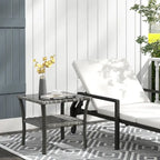 Rattan Side Table, Outdoor End Table with Storage Shelf, Aluminum Frame Square, Coffee Table with Tempered Glass Top, Mixed Gray