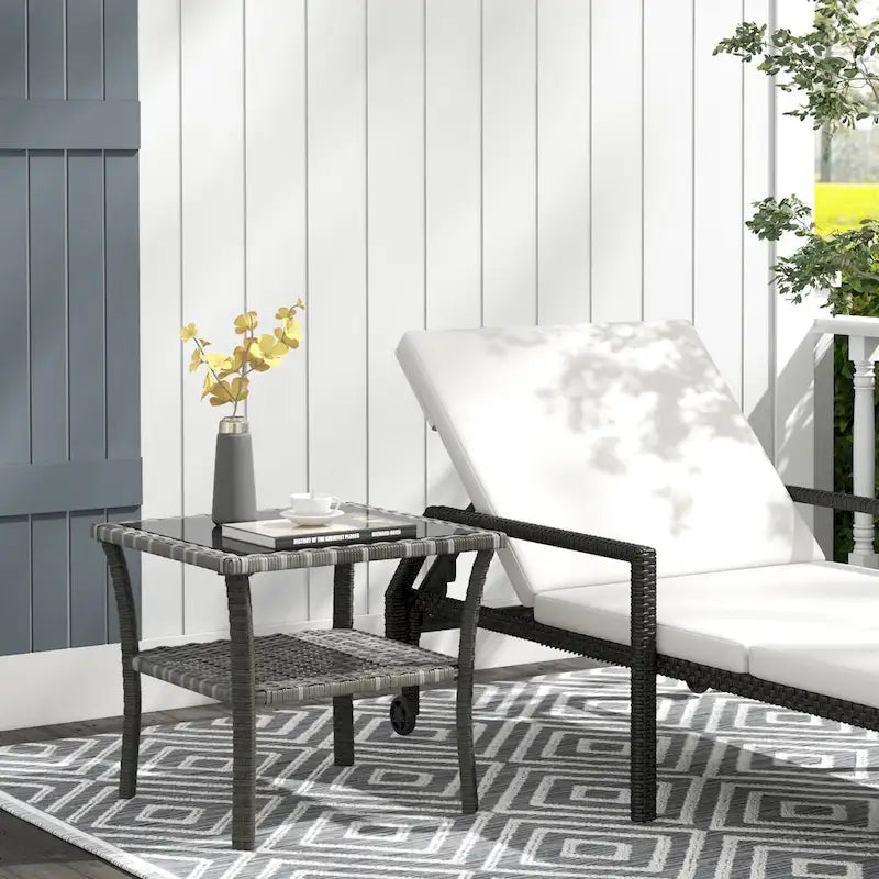 Rattan Side Table, Outdoor End Table with Storage Shelf, Aluminum Frame Square, Coffee Table with Tempered Glass Top, Mixed Gray