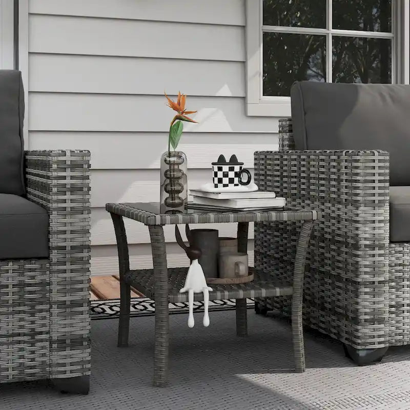 Rattan Side Table, Outdoor End Table with Storage Shelf, Aluminum Frame Square, Coffee Table with Tempered Glass Top, Mixed Gray