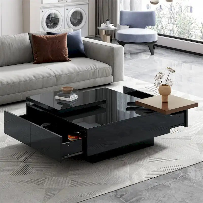 Square Coffee Table With Sliding Tabletop, Modern Coffee Table With 4 Hidden Storage Compartments, Accent Center Table