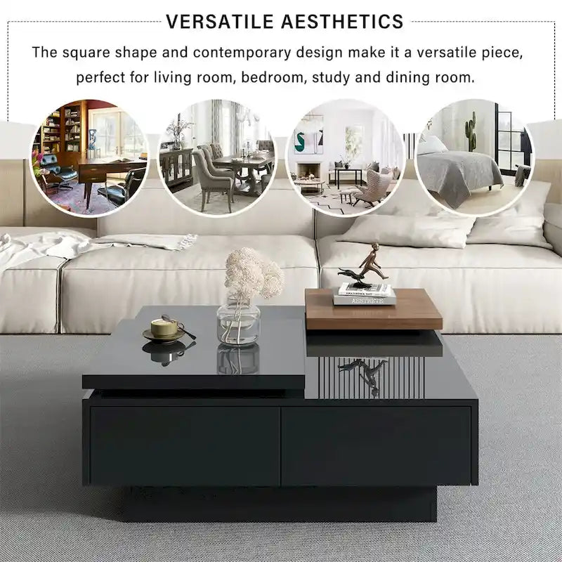 Square Coffee Table With Sliding Tabletop, Modern Coffee Table With 4 Hidden Storage Compartments, Accent Center Table