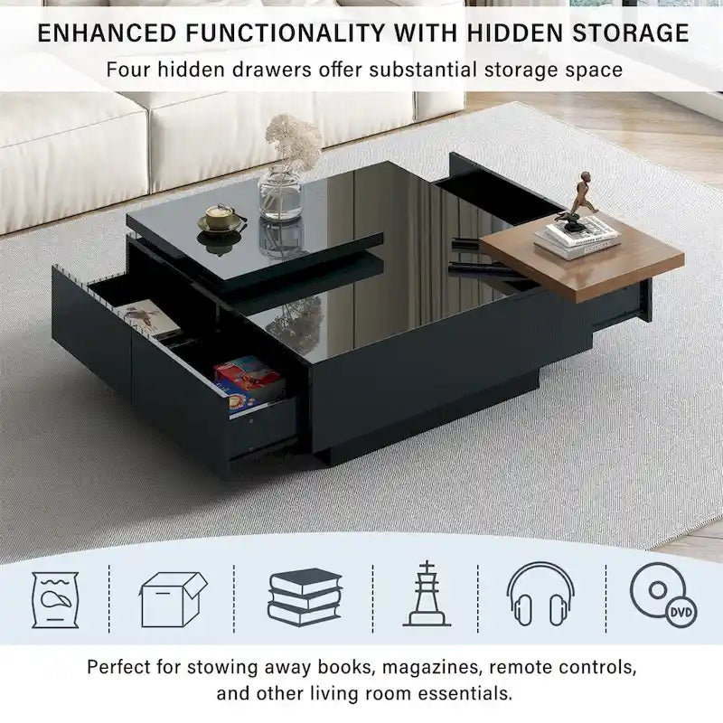 Square Coffee Table With Sliding Tabletop, Modern Coffee Table With 4 Hidden Storage Compartments, Accent Center Table