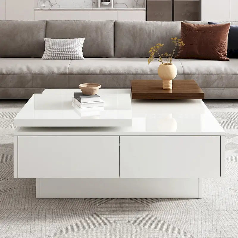 Square Coffee Table With Sliding Tabletop, Modern Coffee Table With 4 Hidden Storage Compartments, Accent Center Table
